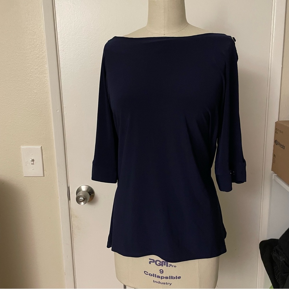 Karina & Chloe boat neck navy blue top with 3/4 open sleeves silver detail